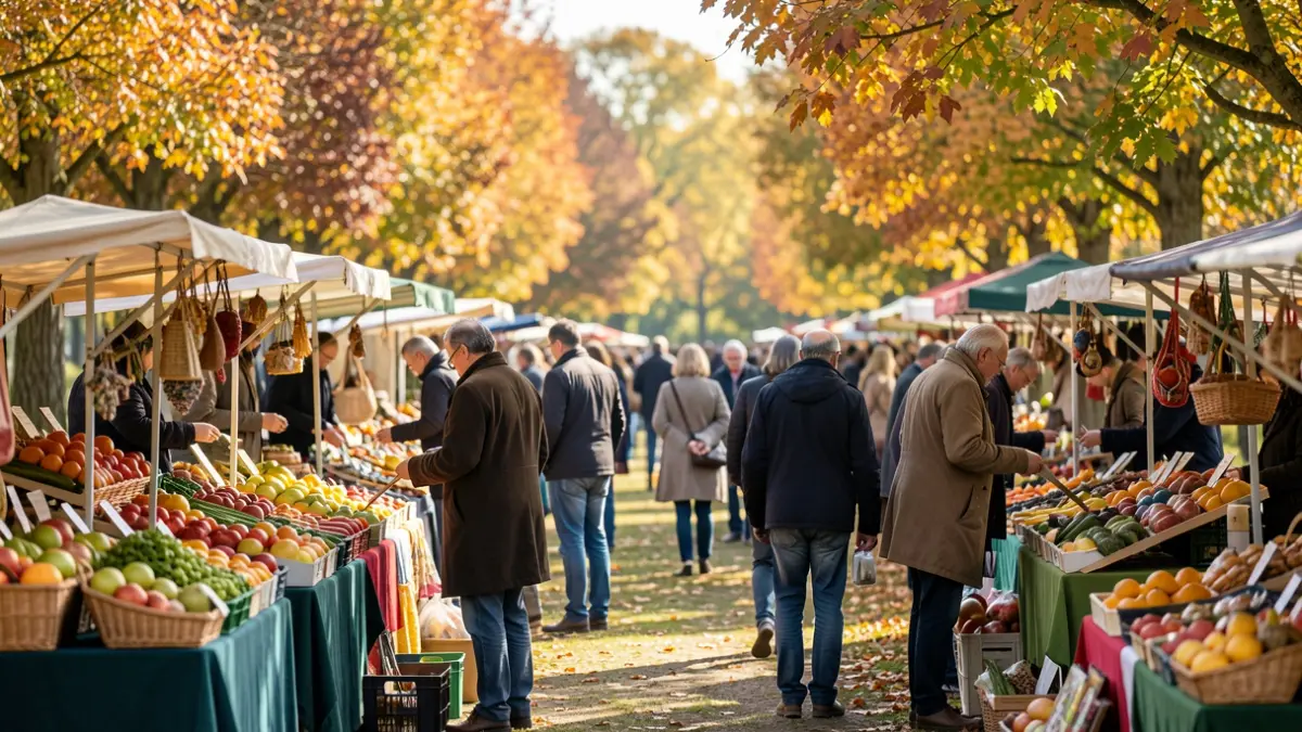 Scène de marché d'automne ensoleillé dans un parc d'Île-de-France avec des exposants et des visiteurs.