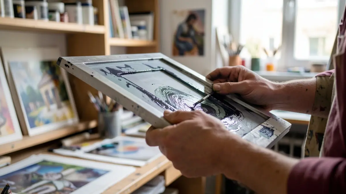 Image générique d'une estampe en cours de création dans un atelier d'artiste.
