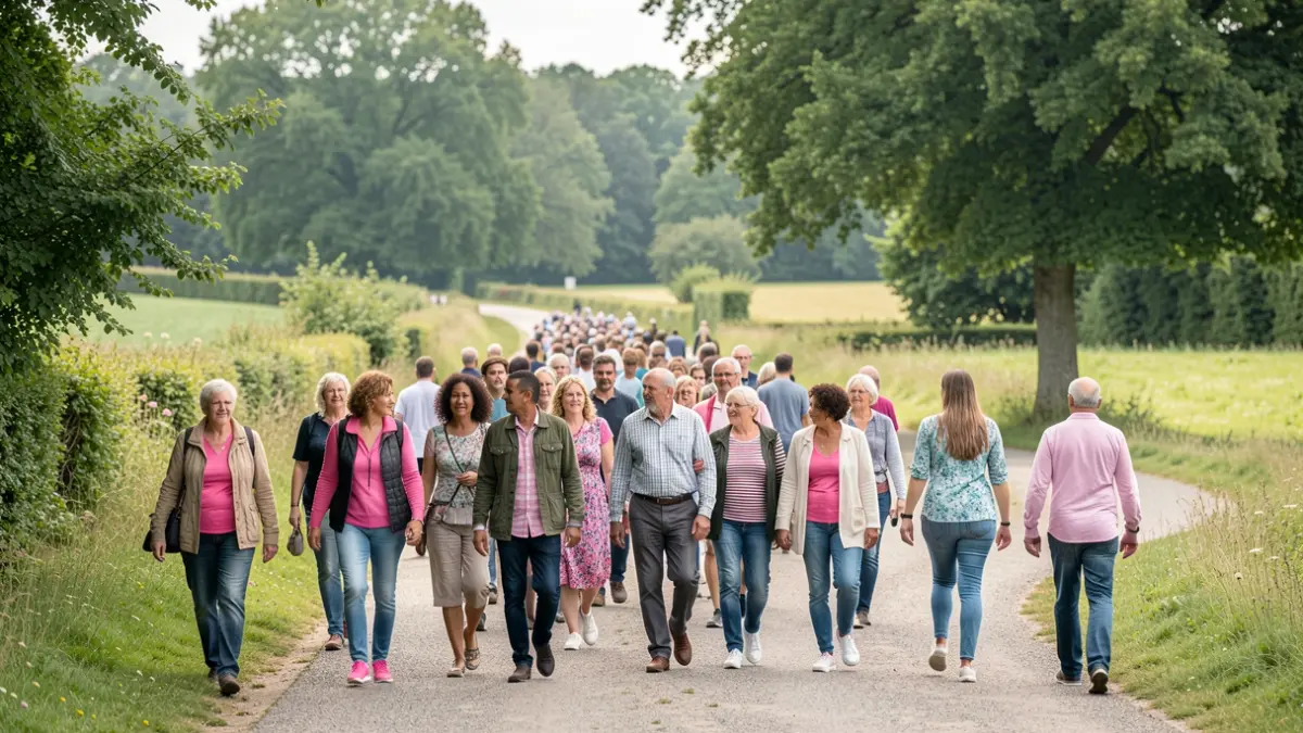 Image générique d'une marche solidaire en Île-de-France, avec des participants de tous âges sur un chemin.