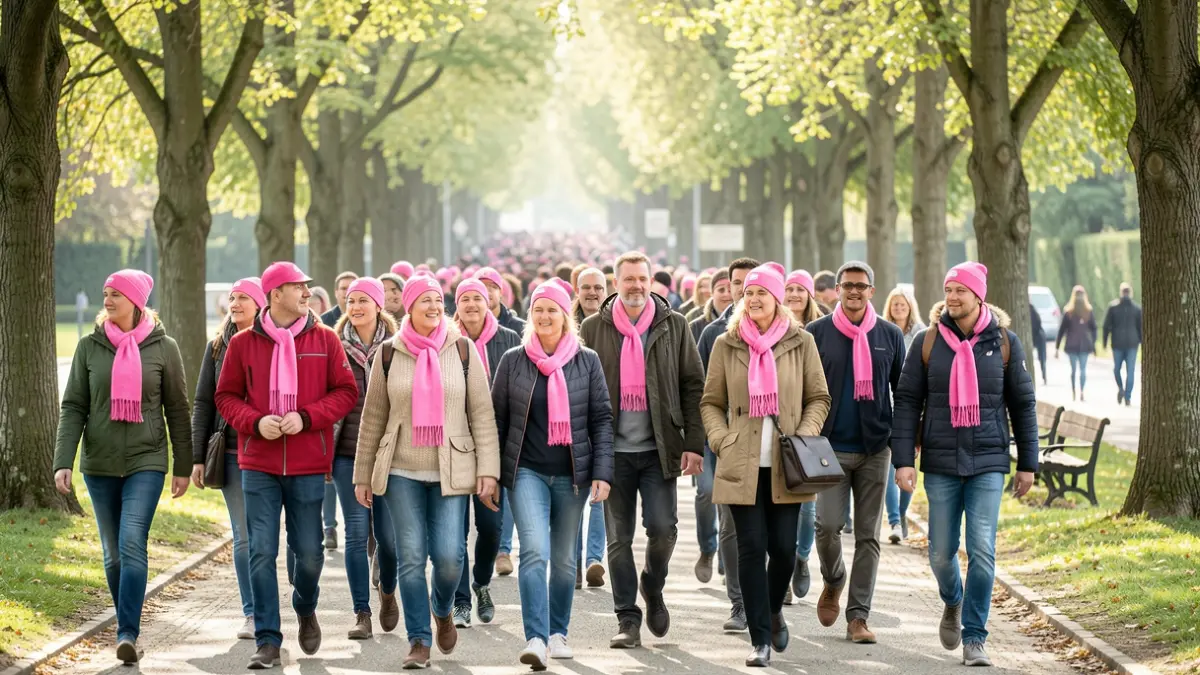 Image générique d'une marche solidaire avec des participants portant des accessoires roses.