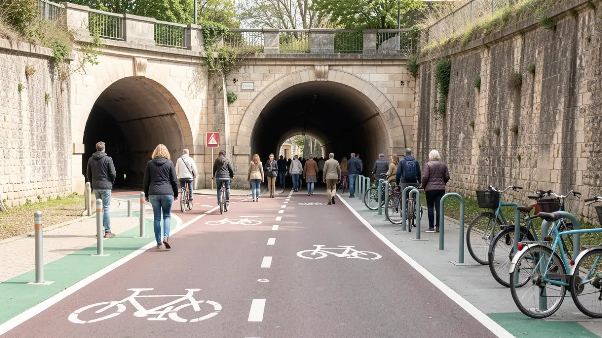 Piste cyclable réaménagée à Melun, avec marquage au sol et arceaux de stationnement.
