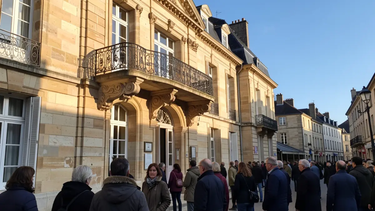 Façade d'un hôtel de ville en pierre de la région Île-de-France, avec balcon orné et rambardes en fer. Lumière chaude de l'après-midi.