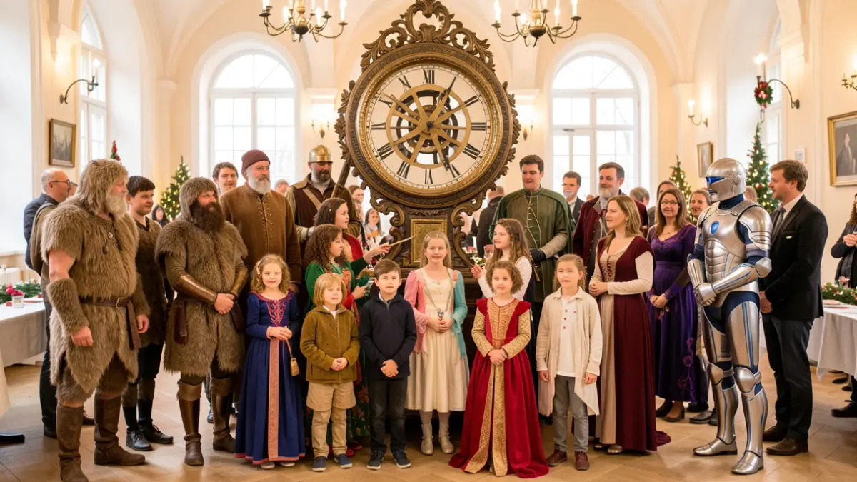 Costumed families participating in a 'time expedition' around a clock.