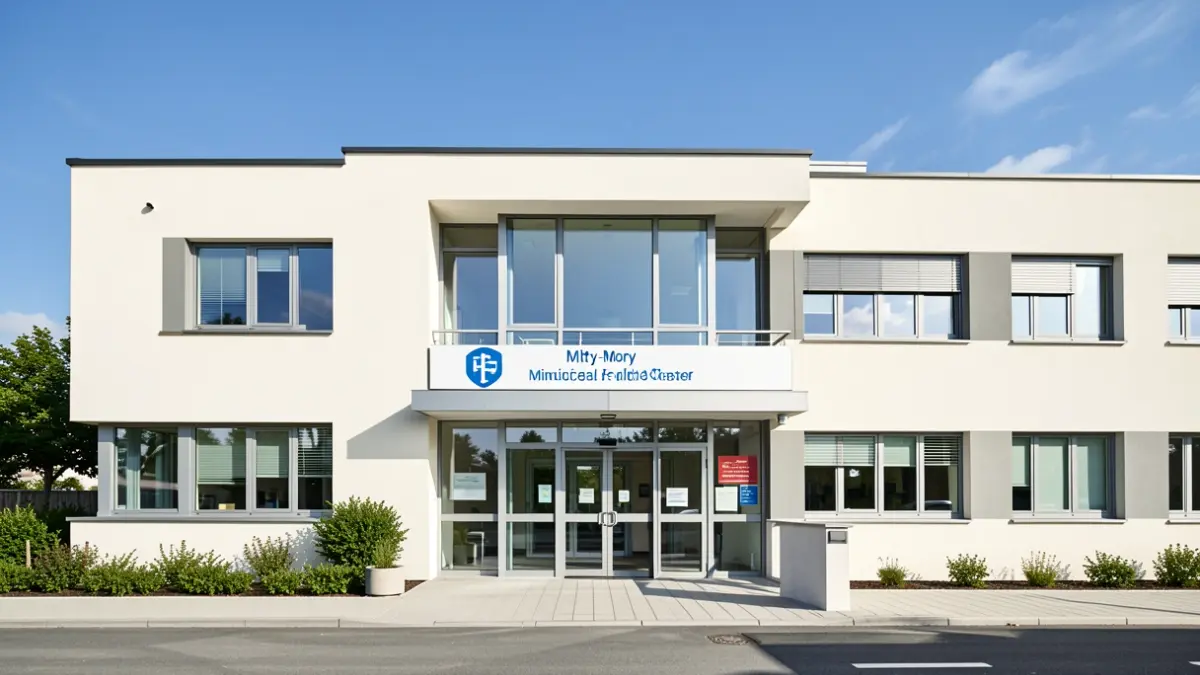 Image générique d'un centre de santé municipal moderne, avec une entrée accessible et une signalétique claire, sous un ciel bleu.