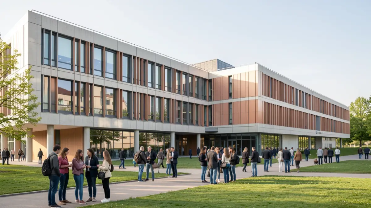 ENS Paris-Saclay building with students on campus.