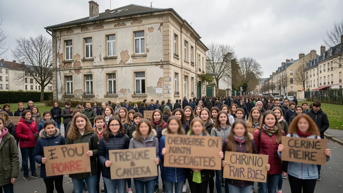 Image générique de jeunes manifestants devant un lycée, ciel couvert.