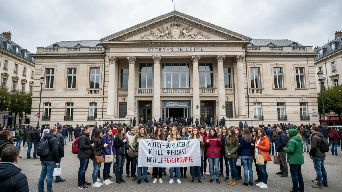 Rassemblement de lycéens, enseignants et parents devant l'hôtel de ville de Vitry-sur-Seine.