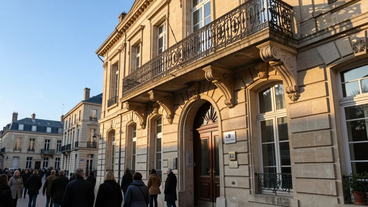 Stone facade of a French town hall with ornate balcony and iron railings, warm afternoon sunlight.