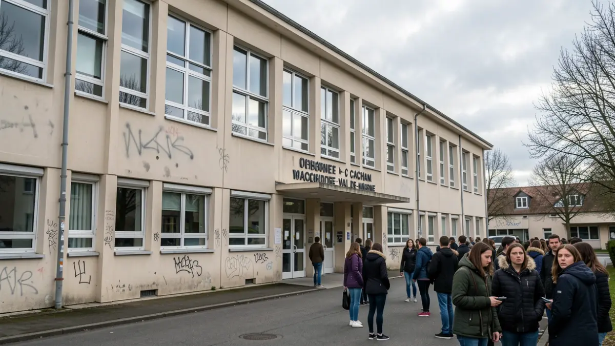 Facade of a high school in Cachan affected by incidents during a student protest.