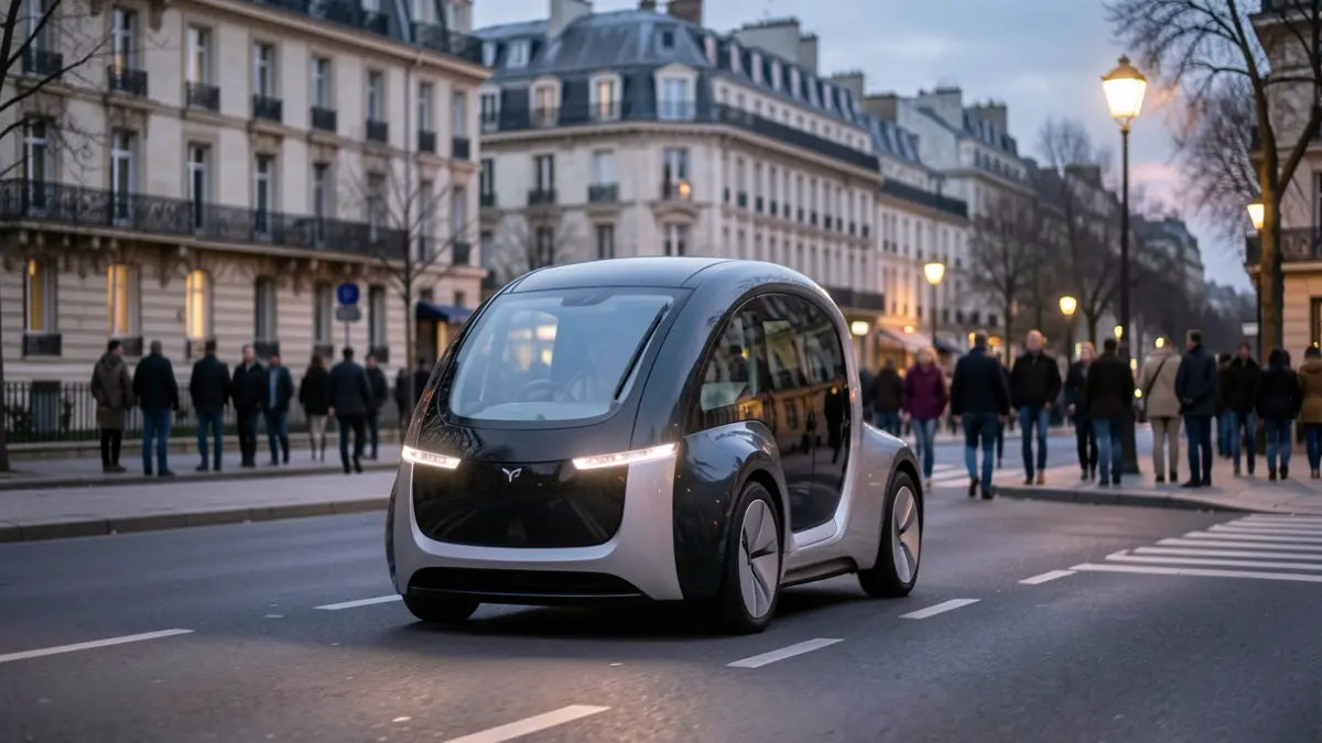 Generic image of an autonomous vehicle driving in a Parisian suburb at dusk, with Haussmannian architecture in the background.