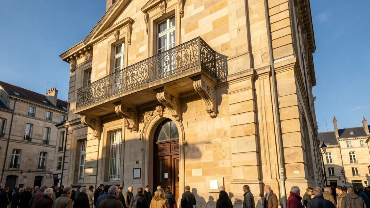 Generic image of a stone town hall facade with an ornate balcony and blue sky.