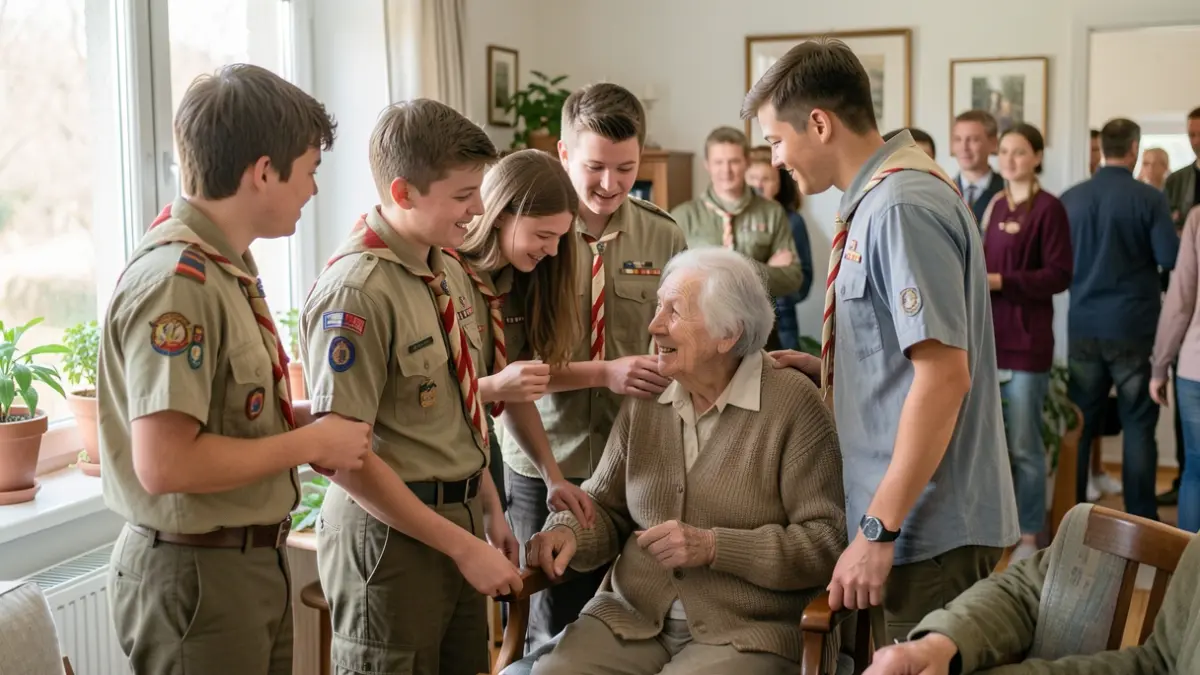 Image générique de jeunes scouts interagissant avec une personne âgée à son domicile pour offrir de l'aide et de la compagnie.