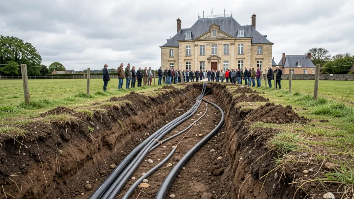 Generic image of underground electrical cables being installed in a trench, with the facade of a stone town hall in the background.