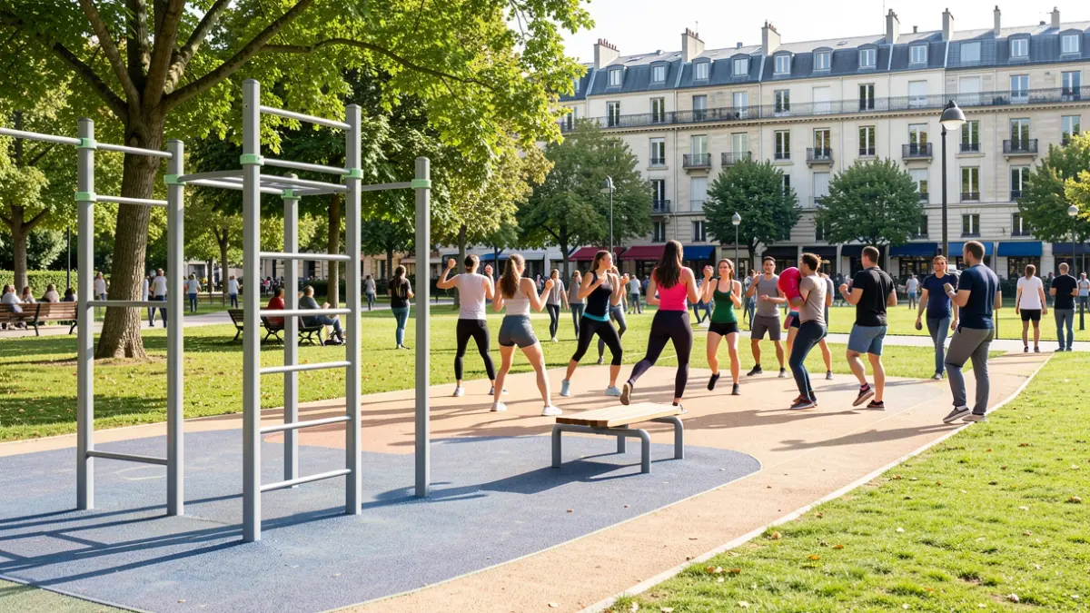 Nouvelles installations sportives au parc Montreau à Montreuil avec des activités de street workout et de parcours santé.