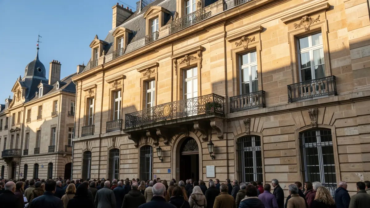 Image générique de la façade d'un hôtel de ville en pierre avec balcon et rambardes en fer forgé, sous un soleil d'après-midi.