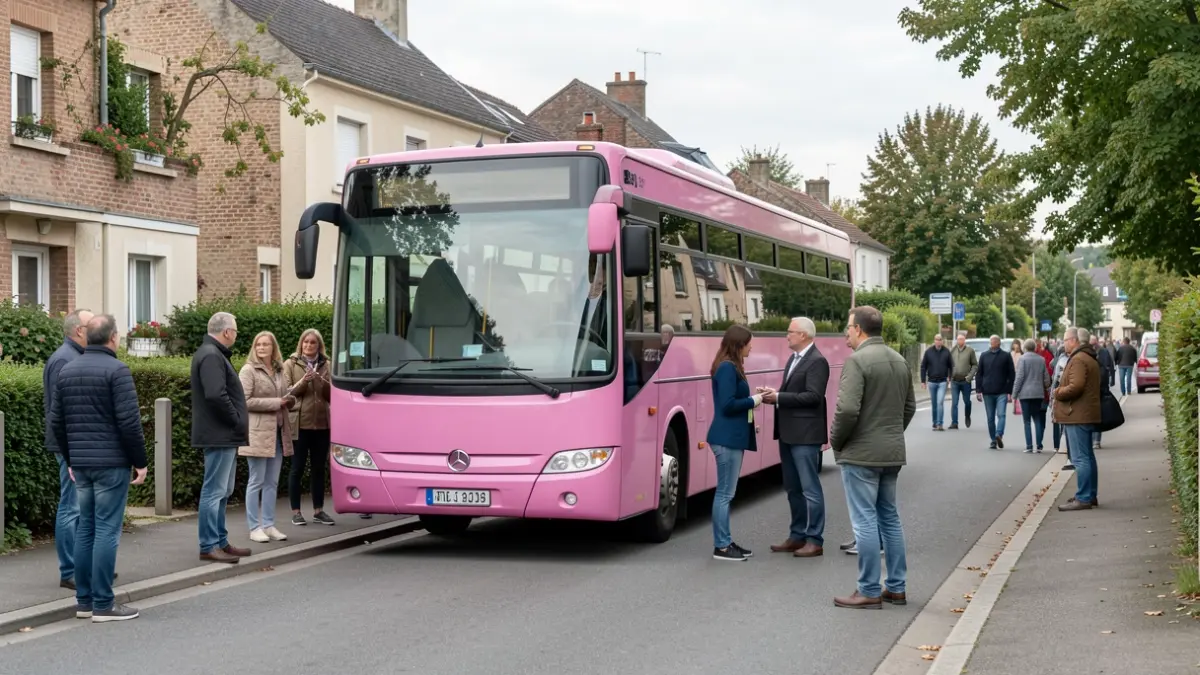 Image générique d'un bus de sensibilisation stationné dans une rue de banlieue, avec des personnes autour.