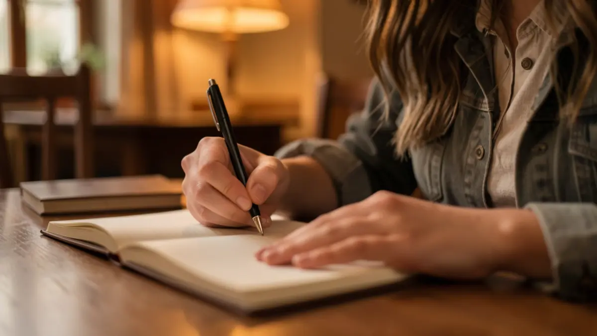 Image générique d'une jeune femme écrivant dans un carnet, mise au point sur les mains et le papier.