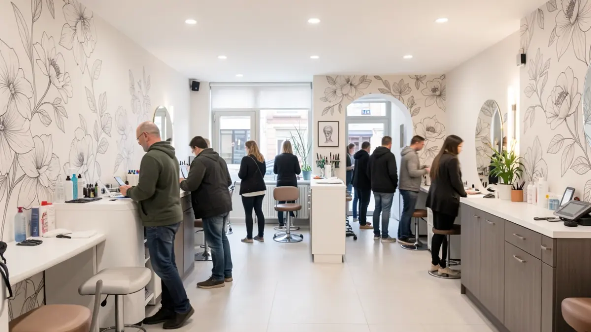 Image générique de l'intérieur d'un studio de tatouage et piercing moderne et propre, avec des motifs floraux subtils.