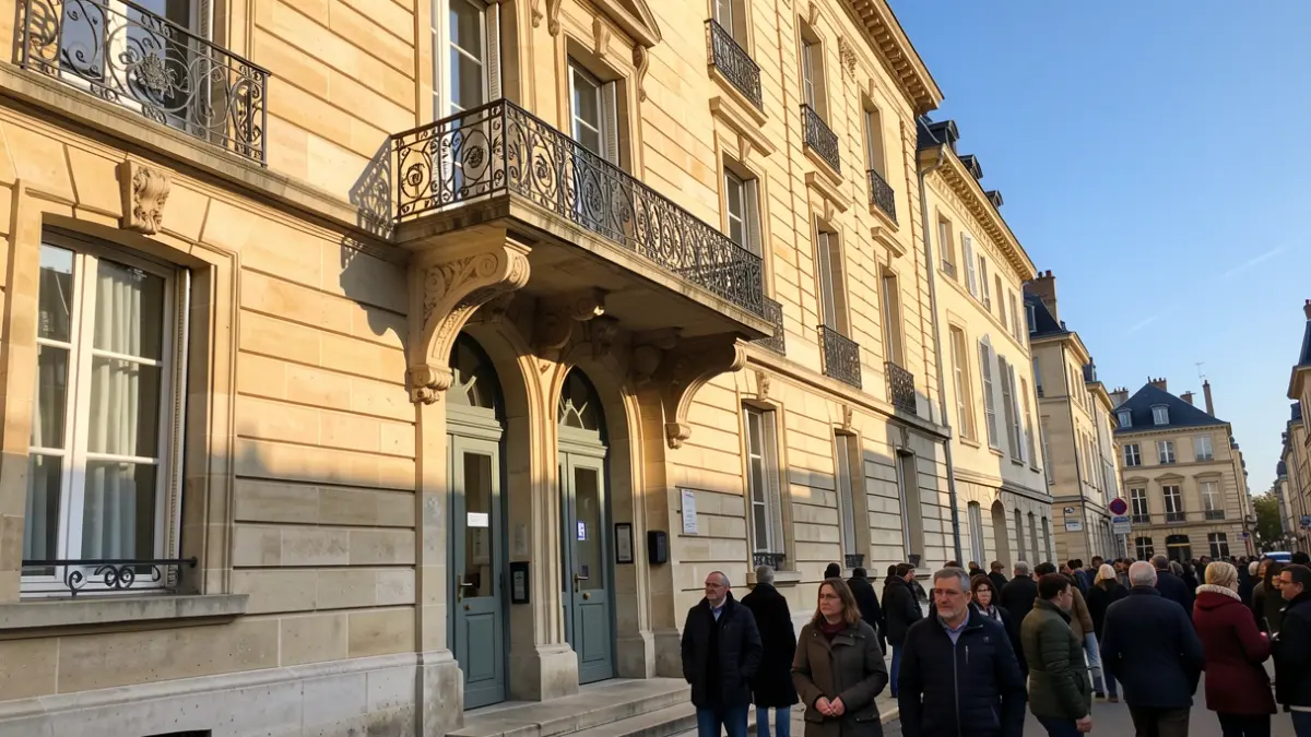 Generic image of a French stone town hall facade with a balcony and afternoon lighting.