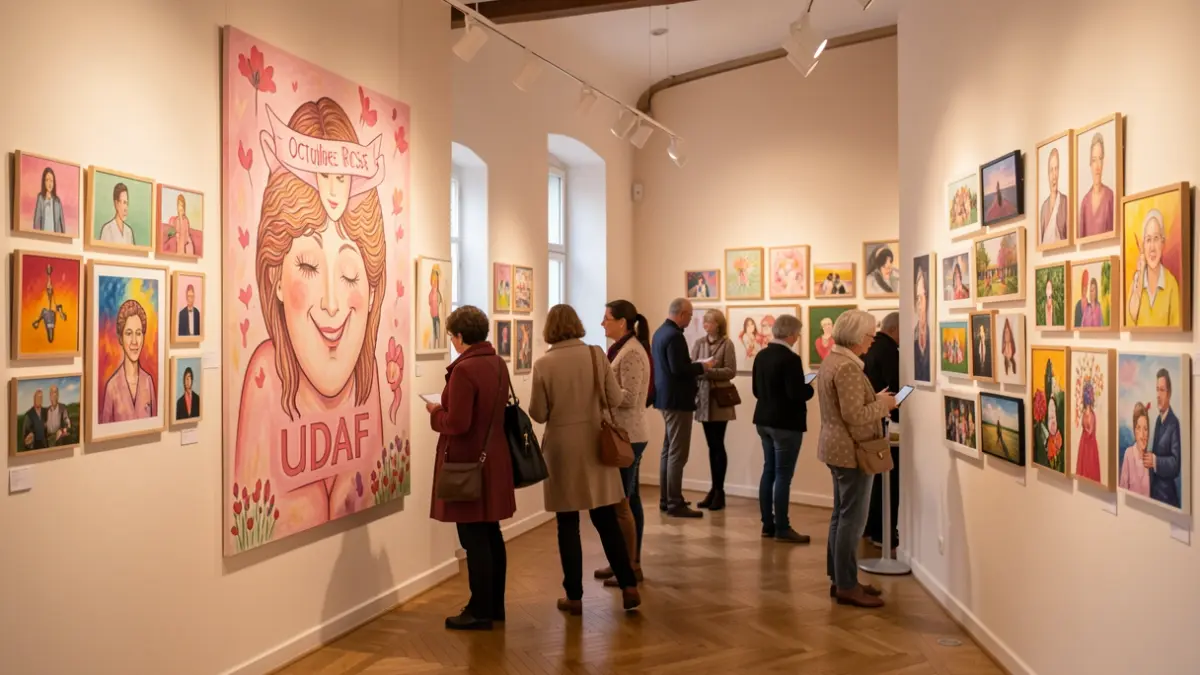 Participative exhibition for Octobre Rose in Nangis, featuring artworks by artists and a mural by UDAF.