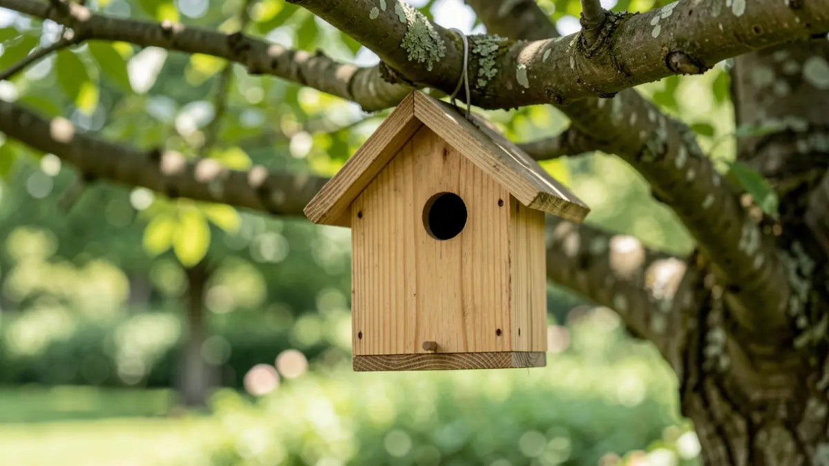 Generic image of a wooden birdhouse on a tree branch.