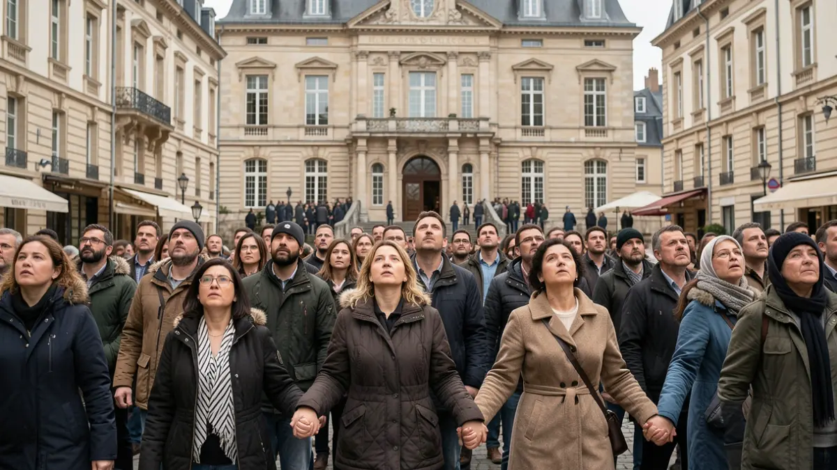 Image générique d'une foule diverse rassemblée sur une place publique en Île-de-France, exprimant solidarité et refus de la haine.