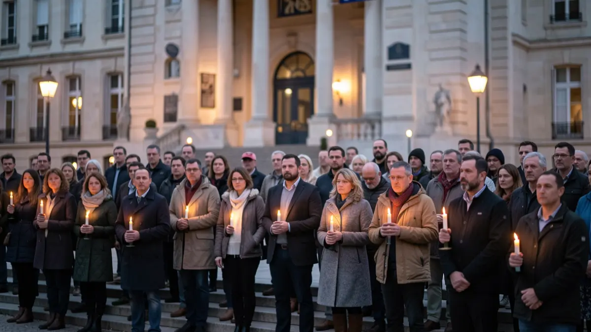 Generic image of a solemn gathering on the steps of a town hall, with people holding candles at dusk.