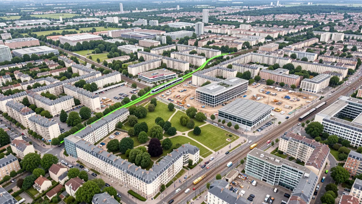 Aerial view of the Sadi Carnot sector in Nanterre, showing a neighborhood undergoing urban development with future transport elements.
