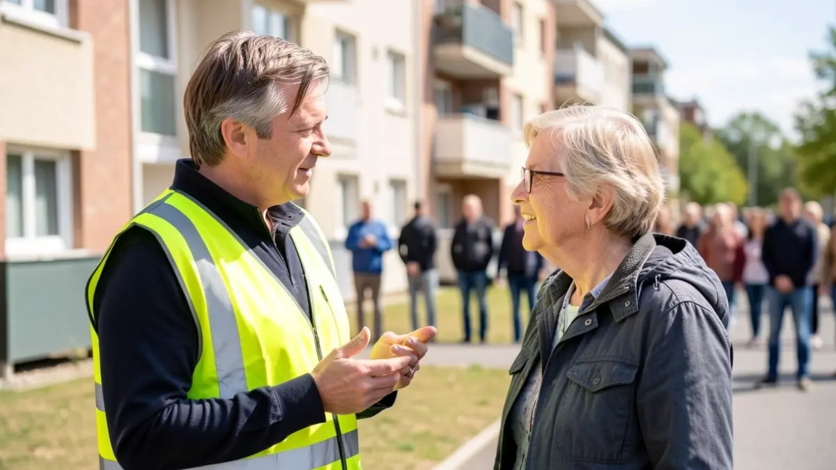 Generic image of an eco-animator discussing with a resident in front of a collective housing building in the Île-de-France region.