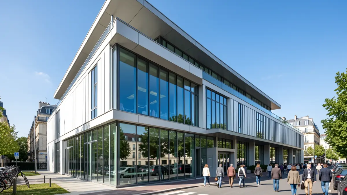 Facade of a modern university building in Paris, symbolizing innovation.
