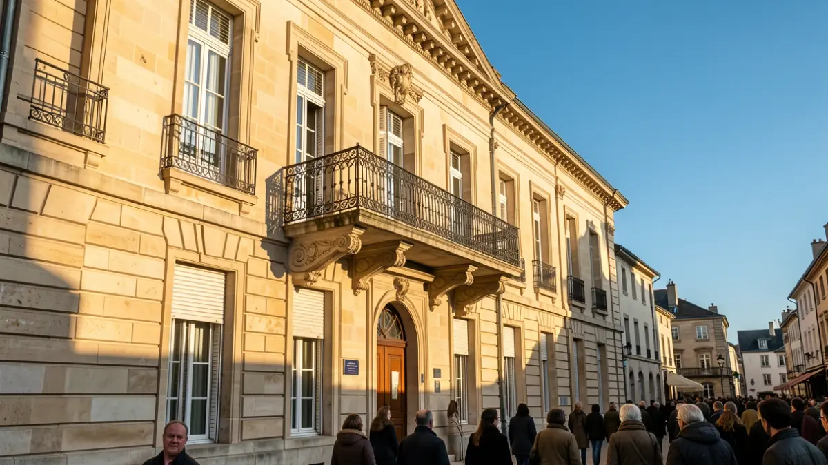 Facade of the Nemours town hall with an ornate balcony and iron railings, in the afternoon sun.