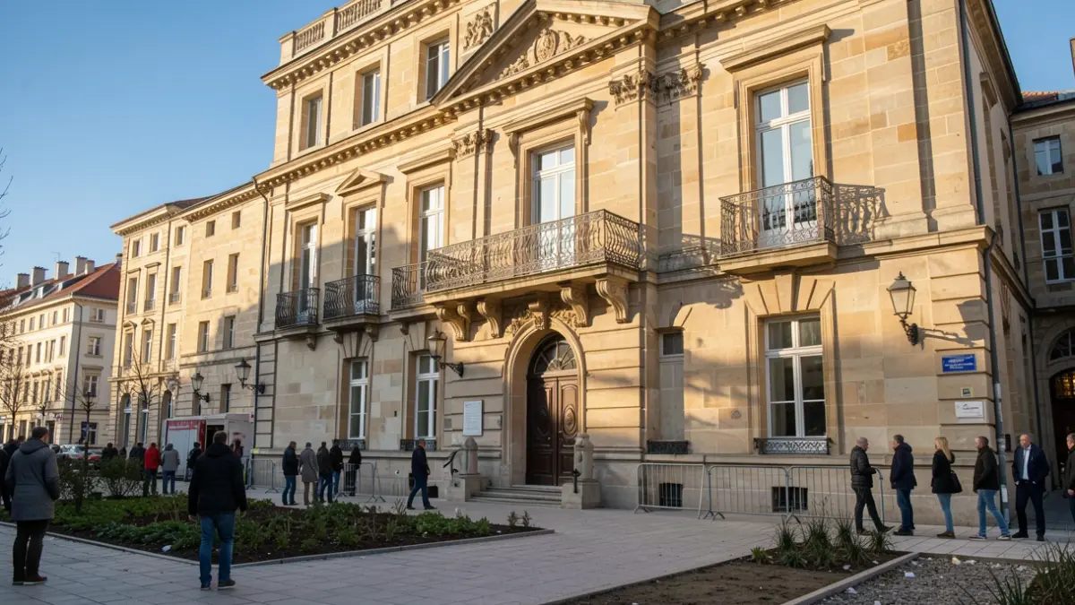 Stone facade of the Nemours town hall with balcony and blue sky.