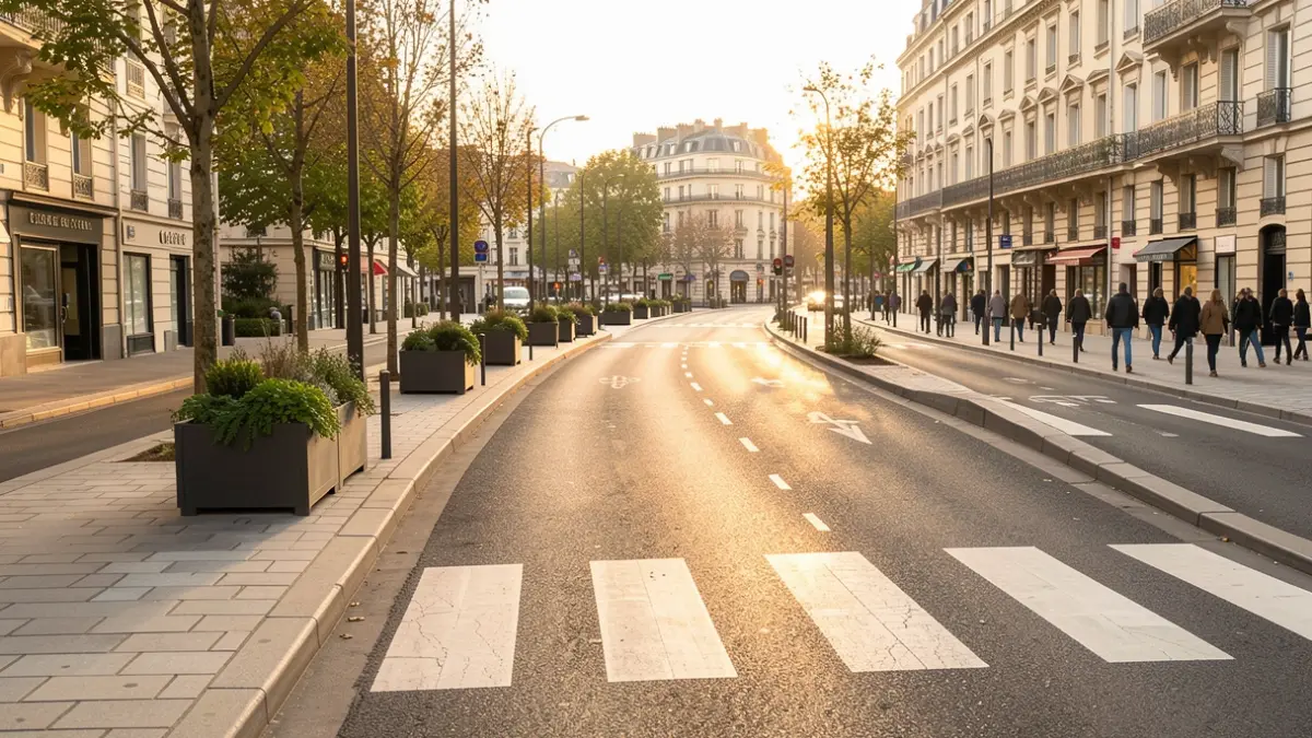 Generic image of a renovated street with widened sidewalks and greenery.