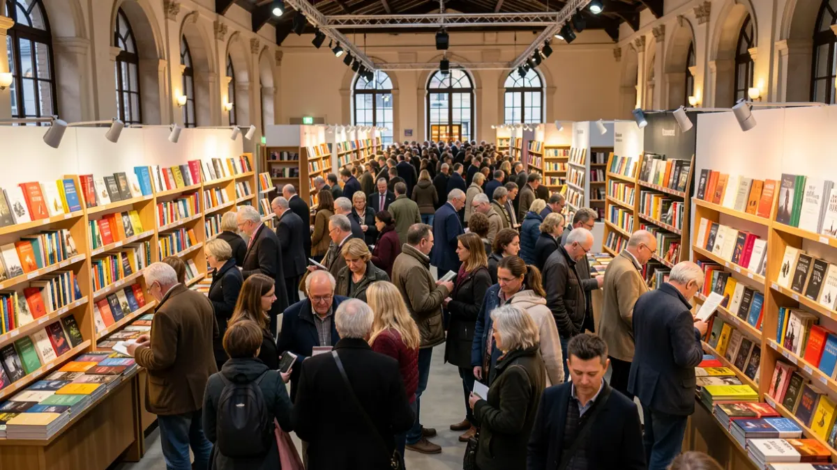 Generic image of a diverse crowd browsing books at a large literary fair, with colorful displays and ambient lighting.