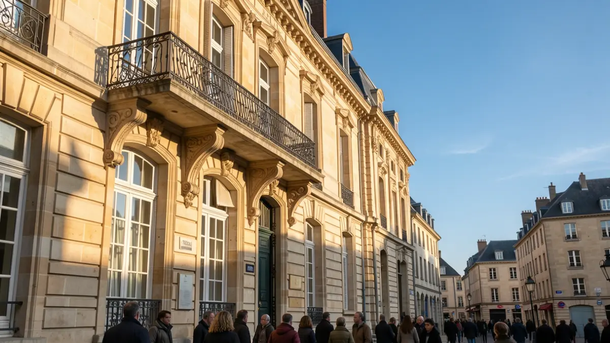 Image générique de la façade d'une mairie en pierre de style haussmannien, avec un balcon orné et un ciel bleu clair.