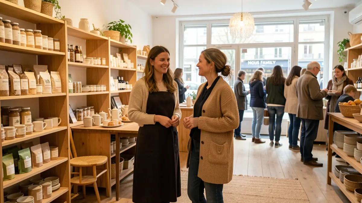 Image générique de deux femmes entrepreneures dans leur concept store Nous Family, un lieu de vie intergénérationnel.