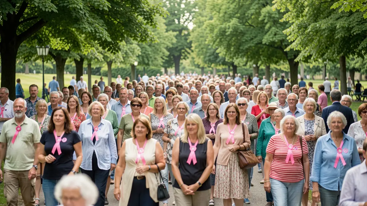Generic image of people participating in an outdoor community event, some wearing pink ribbons, in a park.