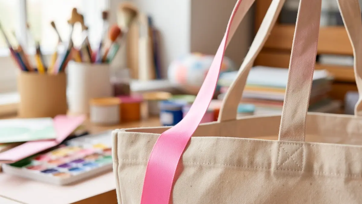 Generic image of a pink ribbon and a tote bag with art supplies in the background, symbolizing creativity and support for October Rose.