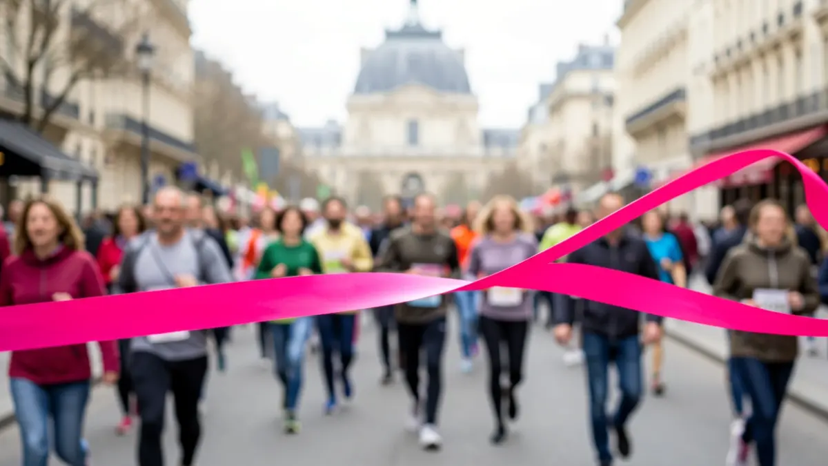 Pink ribbon symbolizing October Rose, unfurled during a solidarity event in Île-de-France.