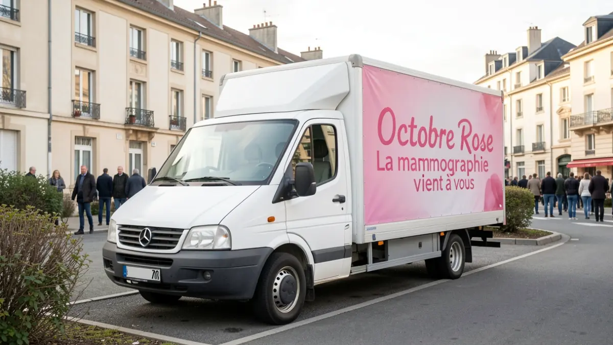 Generic image of a mobile radiology truck parked in a residential area, with a promotional banner.
