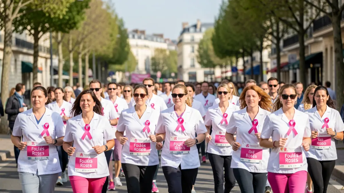Generic image of healthcare professionals participating in a breast cancer screening awareness race.