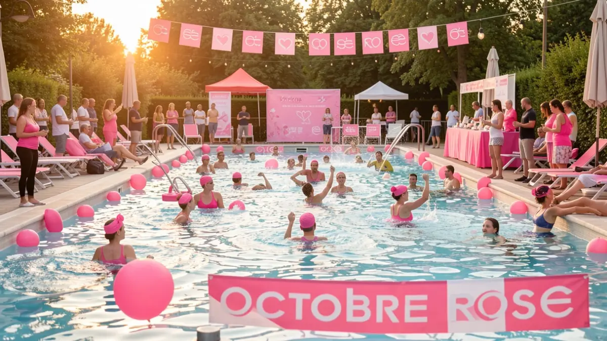 Generic image of a swimming pool decorated for Pink October with participants in prevention activities.