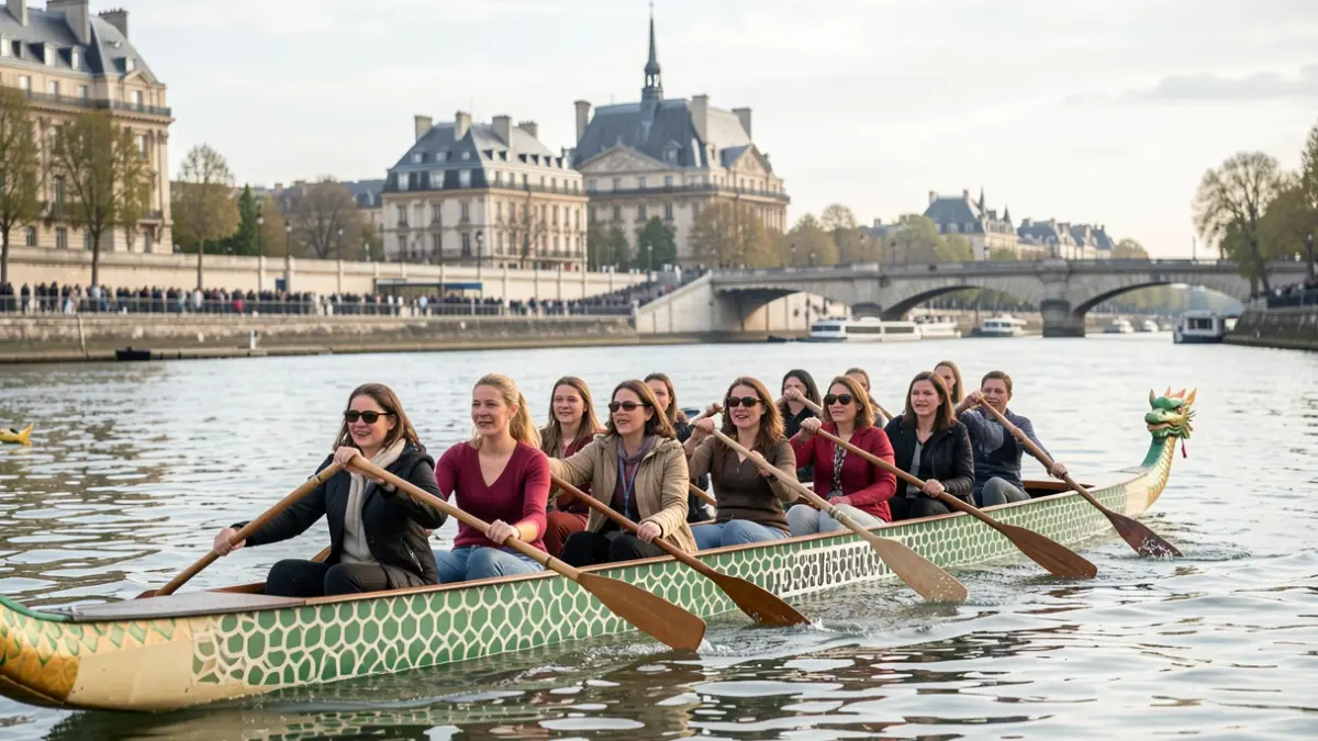 Image générique d'un bateau de dragon sur une rivière avec des femmes pagayant, dans un paysage de la région parisienne.
