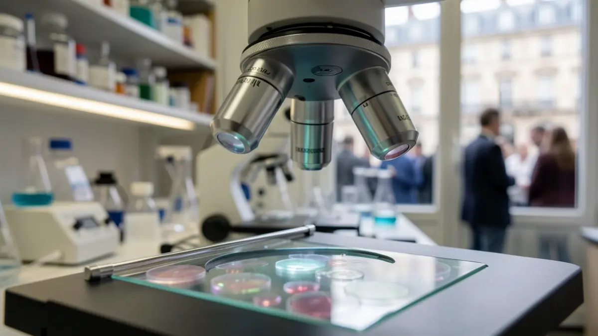 Gros plan d'un microscope en laboratoire, symbolisant la recherche contre le cancer du sein.