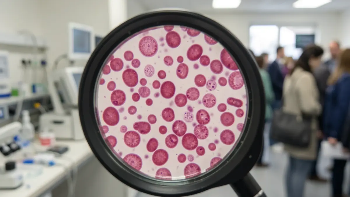 Generic image of blood cells under a microscope in a laboratory.