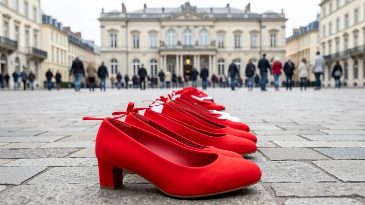 Image générique de chaussures rouges alignées sur une place publique devant un bâtiment de mairie.