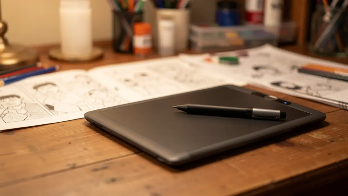 Image générique d'une tablette graphique et d'un stylet sur un bureau, avec des esquisses de bande dessinée floues et du matériel d'art en arrière-plan.