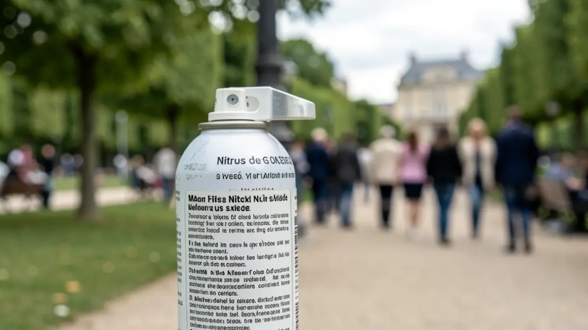 Image générique de bouteilles de protoxyde d'azote abandonnées dans un parc public, avec un avertissement.