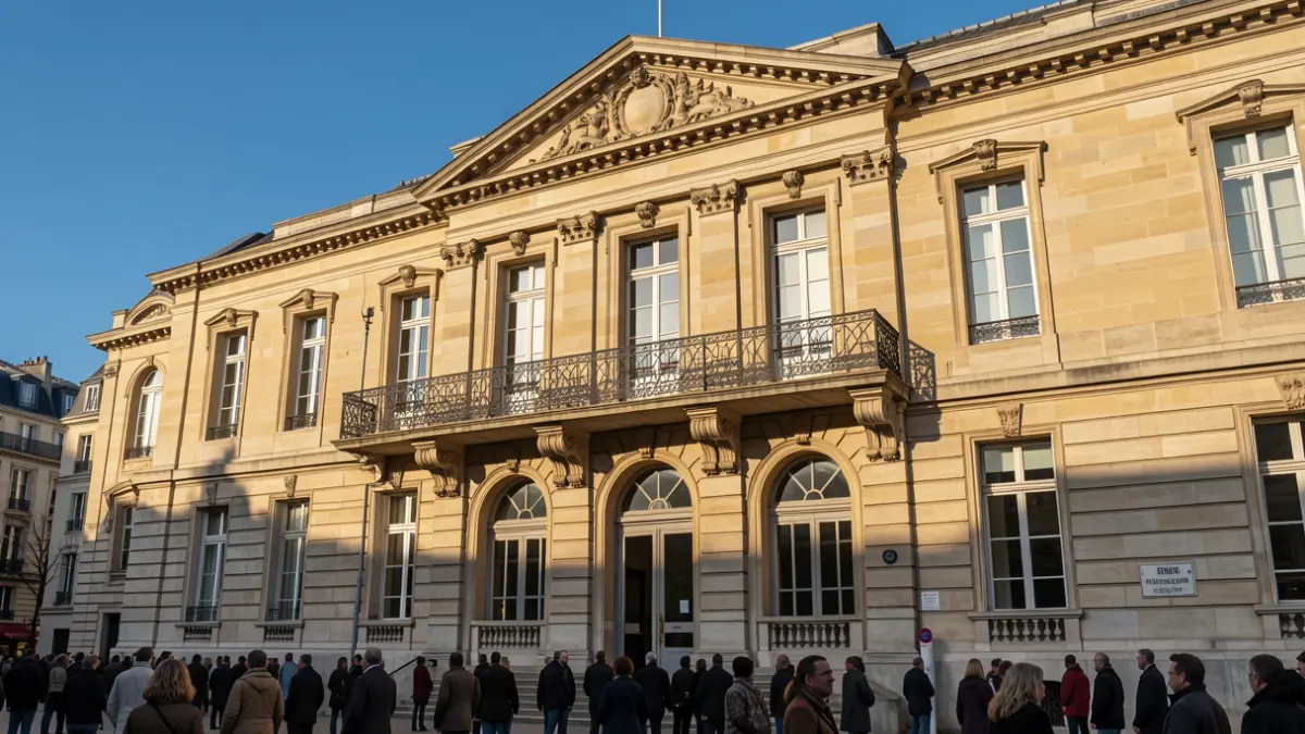 Facade of the Orsay town hall, a stone building with a balcony and iron railings, under an afternoon sun.