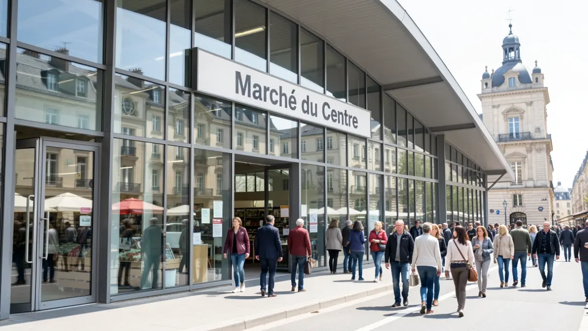 Image générique d'une halle de marché moderne avec une enseigne, située dans une rue avec un bâtiment municipal.